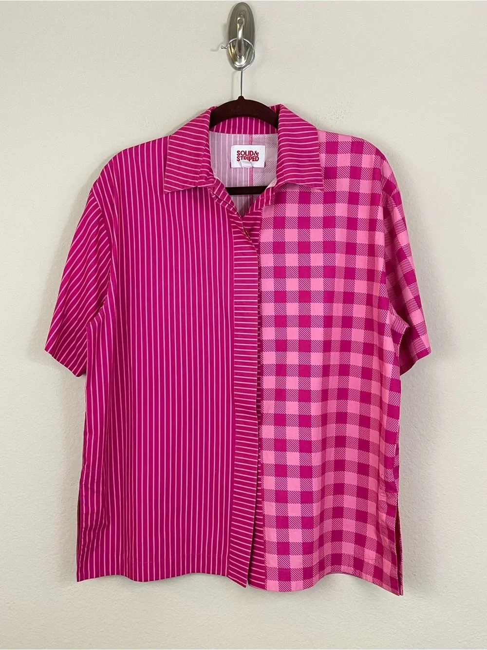 Solid & Striped Gingham Striped Mixed Print Poplin Relaxed Sutton Shirt Size S - Picture 2 of 5